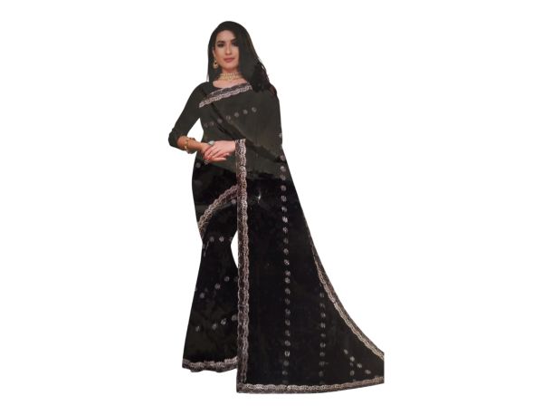 Women Black Elegant Saree with Subtle Print & Designer Border – Party Wear Ethnic Saree