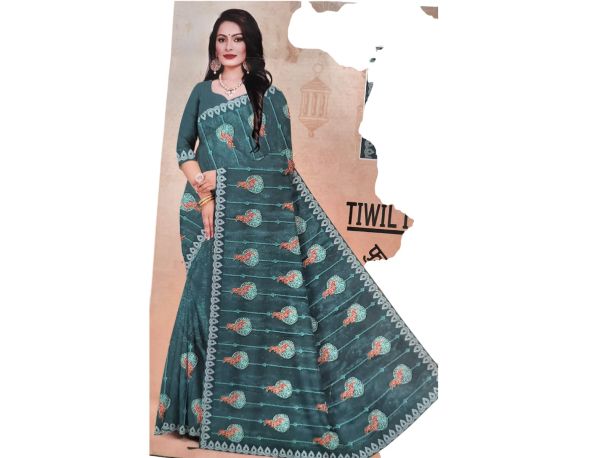 Women Teal Green Printed Twill Saree with Designer Border – Stylish Party Wear Ethnic Saree