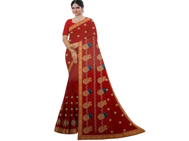 Women’s Red Designer Saree with Pineapple Motif & Rich Zari Border – Festive, Wedding & Party Wear