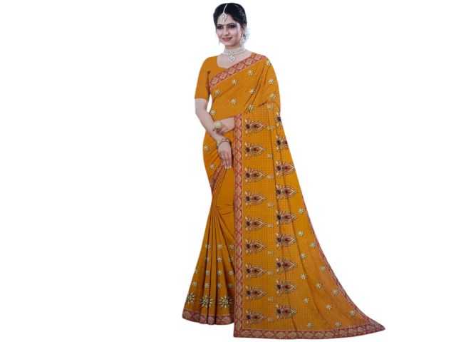 Women’s Mustard Yellow Designer Saree with Golden Paisley Motif & Zari Border – Party Wear & Festive Saree with Blouse Piece
