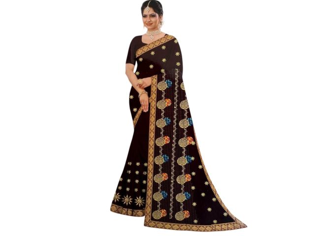 Women’s Dark Brown Designer Saree with Pineapple Motif & Golden Zari Border – Party Wear & Festive Saree with Blouse Piece
