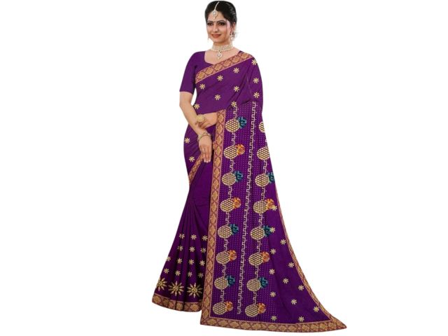 Women’s Purple Designer Saree with Pineapple Motif & Golden Zari Border – Party Wear & Festive Saree with Blouse Piece