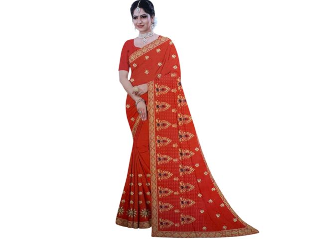 Women’s Red Designer Saree with Golden Paisley Motif & Zari Border – Party Wear & Wedding Saree with Blouse Piece