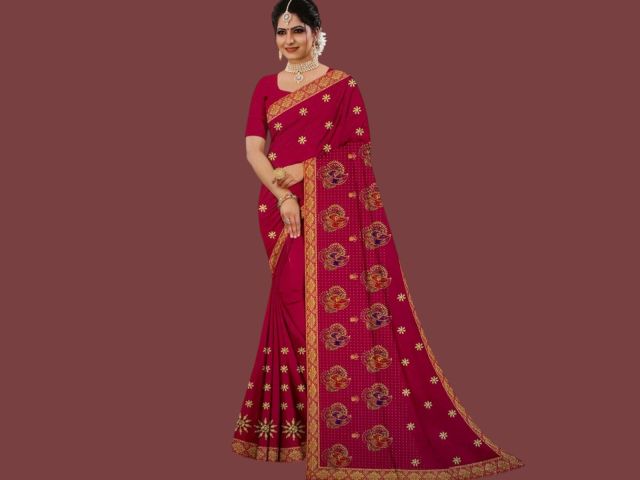 Women’s Rani Pink Designer Saree with Peacock Motif & Golden Zari Border – Wedding & Party Wear Saree with Blouse Piece