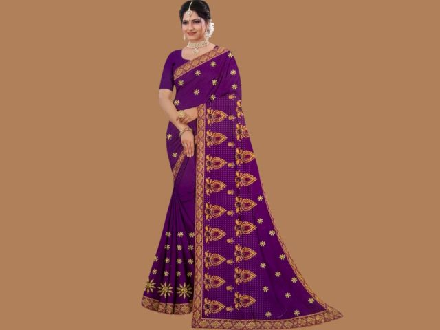 Women’s Royal Purple Designer Saree with Golden Paisley Motif & Zari Border – Party & Wedding Wear Saree with Blouse Piece