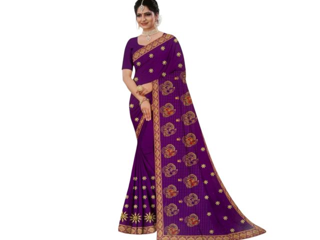 Women’s Purple Designer Saree with Peacock Motif & Golden Zari Border – Party & Wedding Wear Saree with Blouse Piece