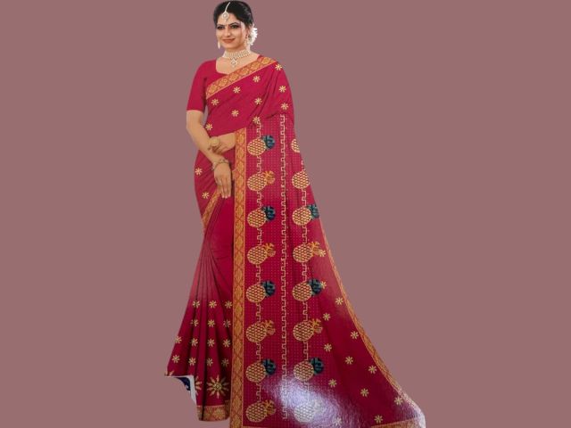 Women’s Pink Designer Saree with Pineapple Motif & Golden Zari Border – Party & Festive Wear Saree with Blouse Piece