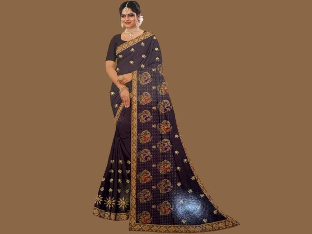 Women’s Dark Navy Blue Designer Saree with Peacock Motif & Golden Zari Border – Party & Wedding Wear