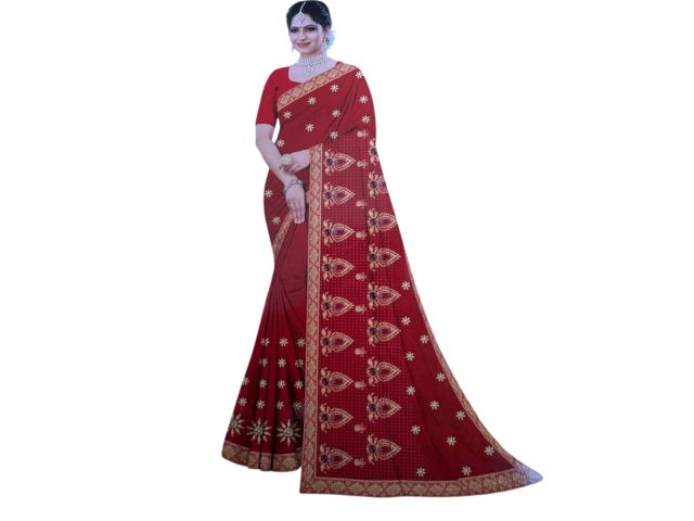 Women’s Red Designer Saree with Golden Motif & Zari Border – Party & Wedding Wear Saree with Blouse Piece