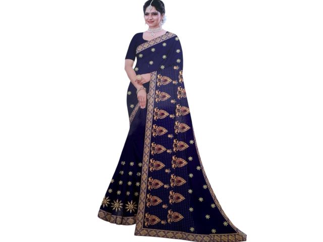 Women’s Navy Blue Designer Saree with Golden Motif & Rich Zari Border – Wedding, Festive & Party Wear