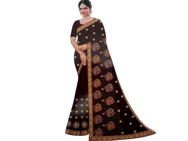 Women’s Black & Maroon Designer Saree with Golden Motif & Rich Zari Border – Wedding, Festive & Party Wear
