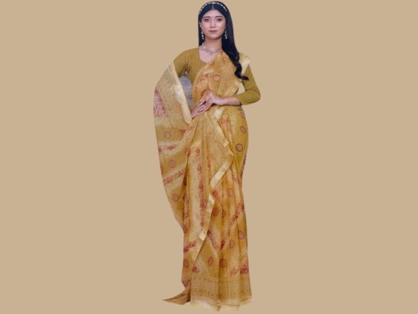 Elegant Mustard Yellow Printed Saree with Traditional Border | Festive & Daily Wear Sareeएलिगेंट मस्टर्ड येलो प्रिंटेड साड़ी विद ट्रेडिशनल बॉर्डर | फेस्टिव और डेली वियर साड़ी