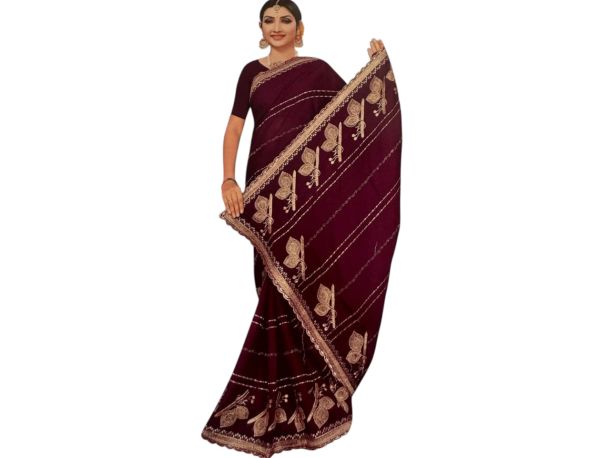 Elegant Wine Georgette Saree with Heavy Zari Embroidery and Scalloped Border | Designer Party Wear Saree with Blouse Piece