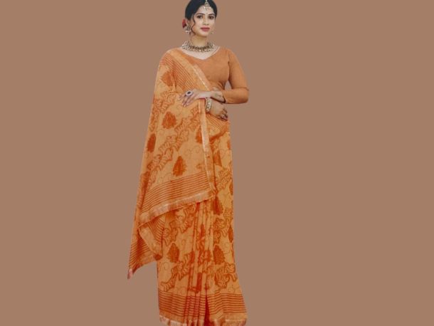 Elegant Peach Orange Printed Saree with Border | Festive & Daily Wear Sareeएलिगेंट पीच ऑरेंज प्रिंटेड साड़ी विद बॉर्डर | फेस्टिव और डेली वियर साड़ी