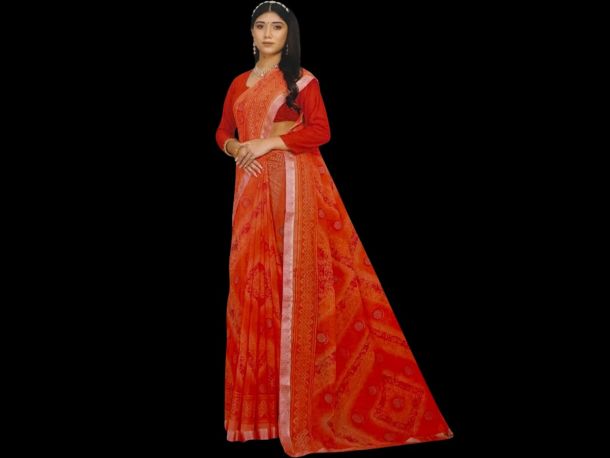 Stylish Orange Printed Saree with Elegant Border | Daily & Festive Wear Sareeस्टाइलिश ऑरेंज प्रिंटेड साड़ी विद एलिगेंट बॉर्डर | डेली और फेस्टिव वियर साड़ी