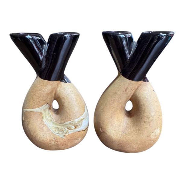 Premium Ceramic Abstract Twist Flower Vase Set of 2 - Dual Tone Beige & Black Finish | Modern Home & Office Decor Centerpiece