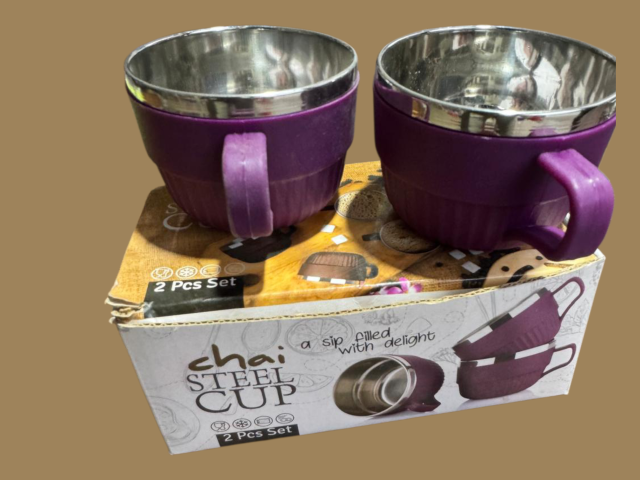 Chai Steel Cup Set 2 Pcs | Stainless Steel Tea Coffee Mug with Plastic Grip | Double Layer Steel Cup