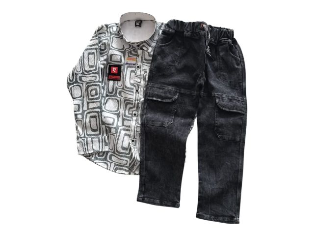 Boys Printed Shirt with Denim Cargo Pant Set – Kids Stylish Casual Wear Combo (Grey Shirt & Black Cargo Jeans)