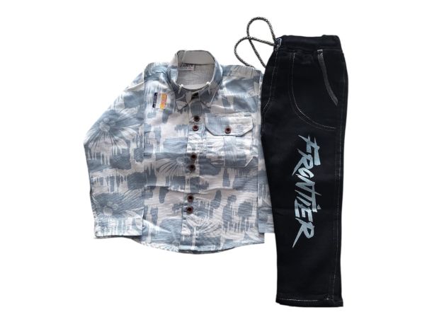 Boys Printed Shirt with Track Pant Set – Kids Casual Wear Combo (Stylish Shirt & Black Track Pant)