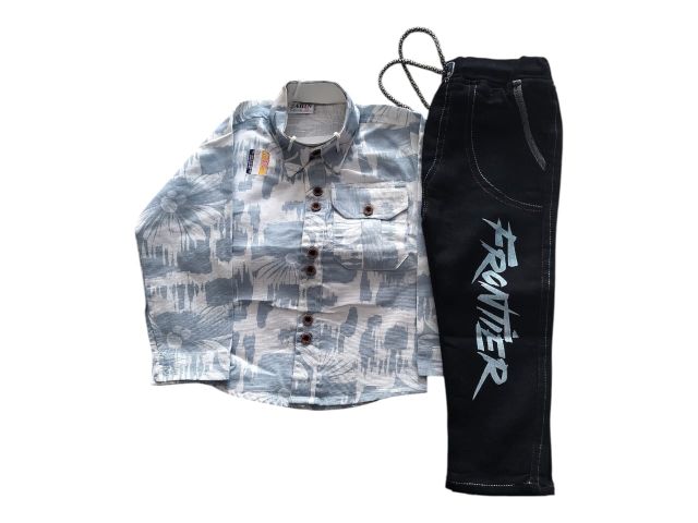 Boys Printed Shirt with Track Pant Set – Kids Casual Wear Combo (Stylish Shirt & Black Track Pant)