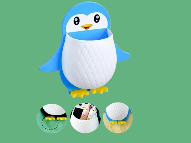 Penguin Shape Wall Mounted Toothbrush Holder | Kids Cartoon Bathroom Toothpaste & Brush Stand