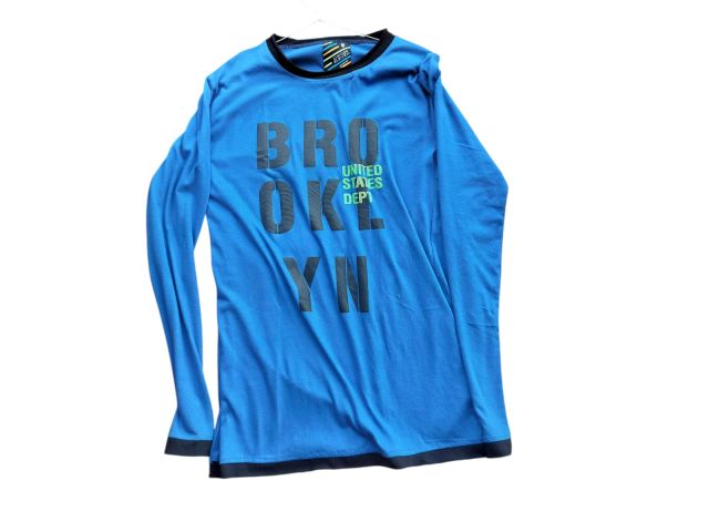 Men’s Blue Full Sleeve Cotton T-Shirt | BROOKLYN Printed Casual Round Neck T Shirt for Men