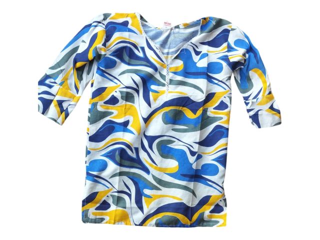 Women Printed Cotton 3/4 Sleeve Top | Casual Stylish Daily Wear (Blue & Yellow)
