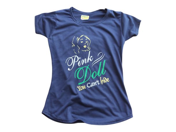 Girls Navy Blue Printed T-Shirt | Pink Doll Graphic Casual Cotton Top for Kids