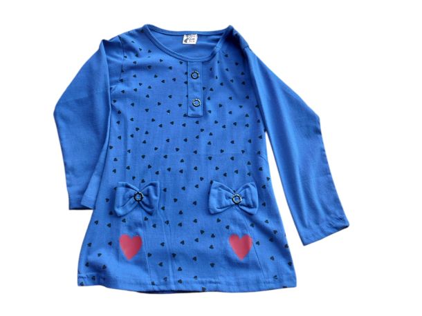 Girls Blue Full Sleeve Frock Style Top | Heart Print & Bow Design Casual Winter Wear for Kids